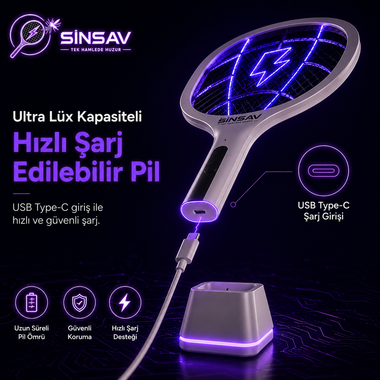 SinSav Orjinal UV Işınlı Sinek Raketi