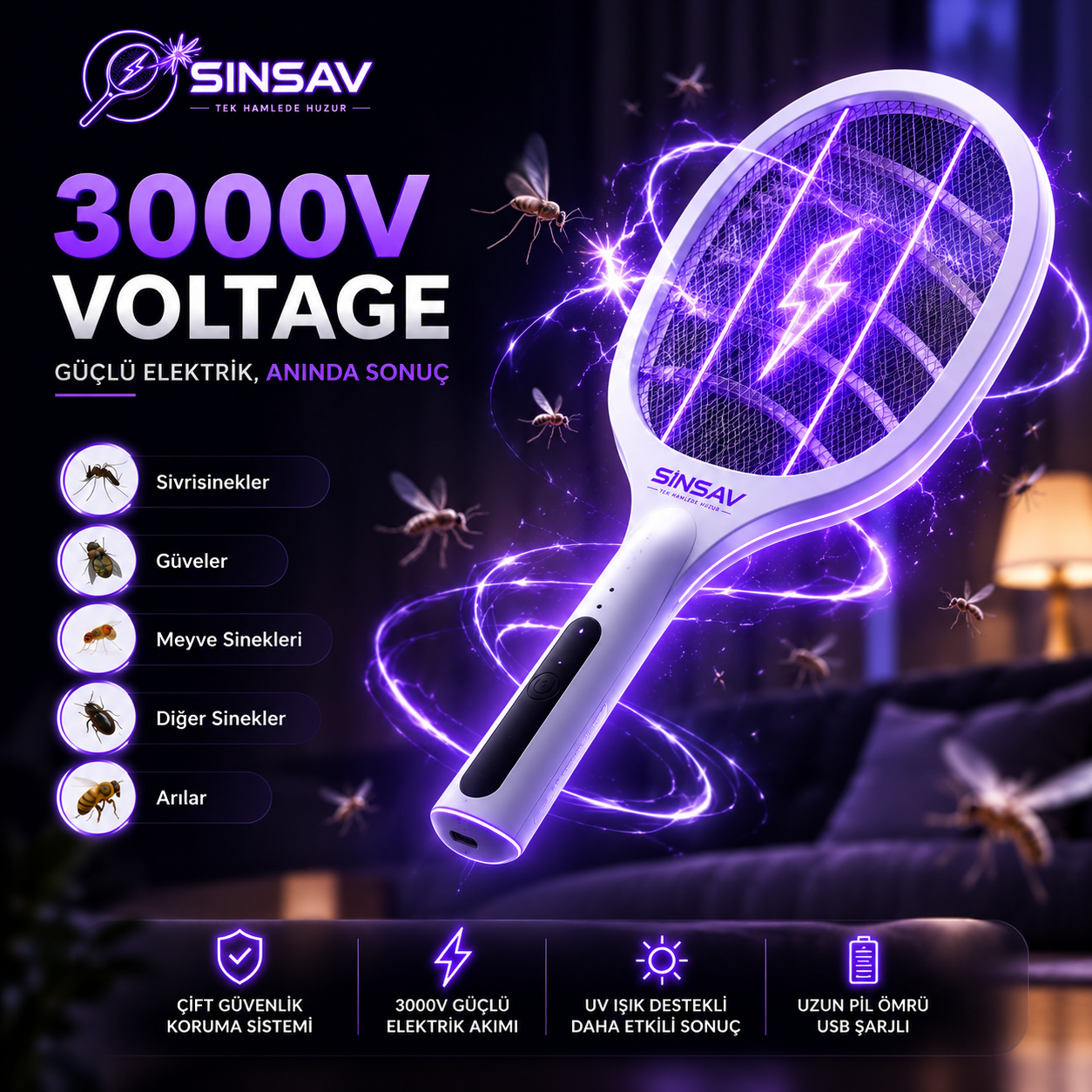 SinSav Orjinal UV Işınlı Sinek Raketi
